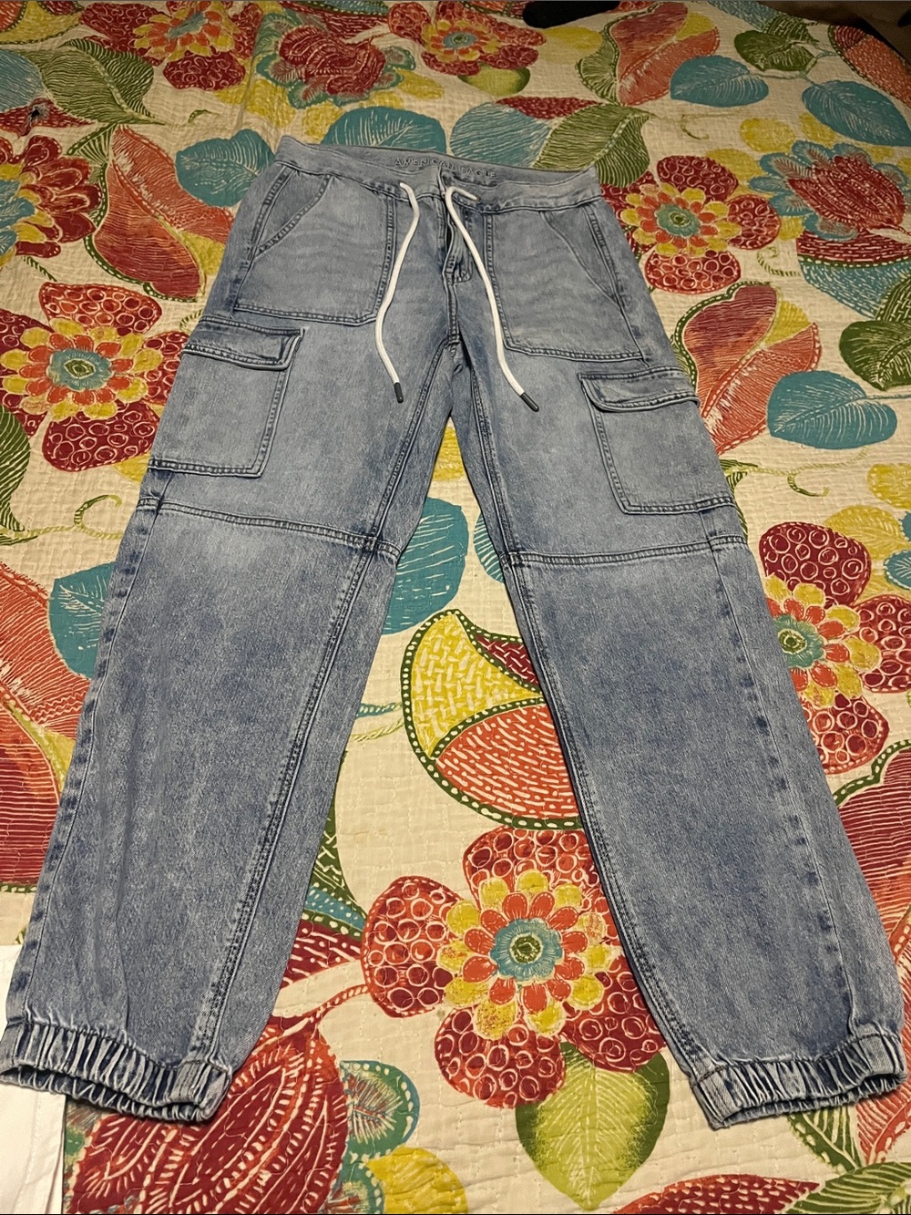 Light Blue Cargo Jogger Pants with Drawstring Waist. American Eagle